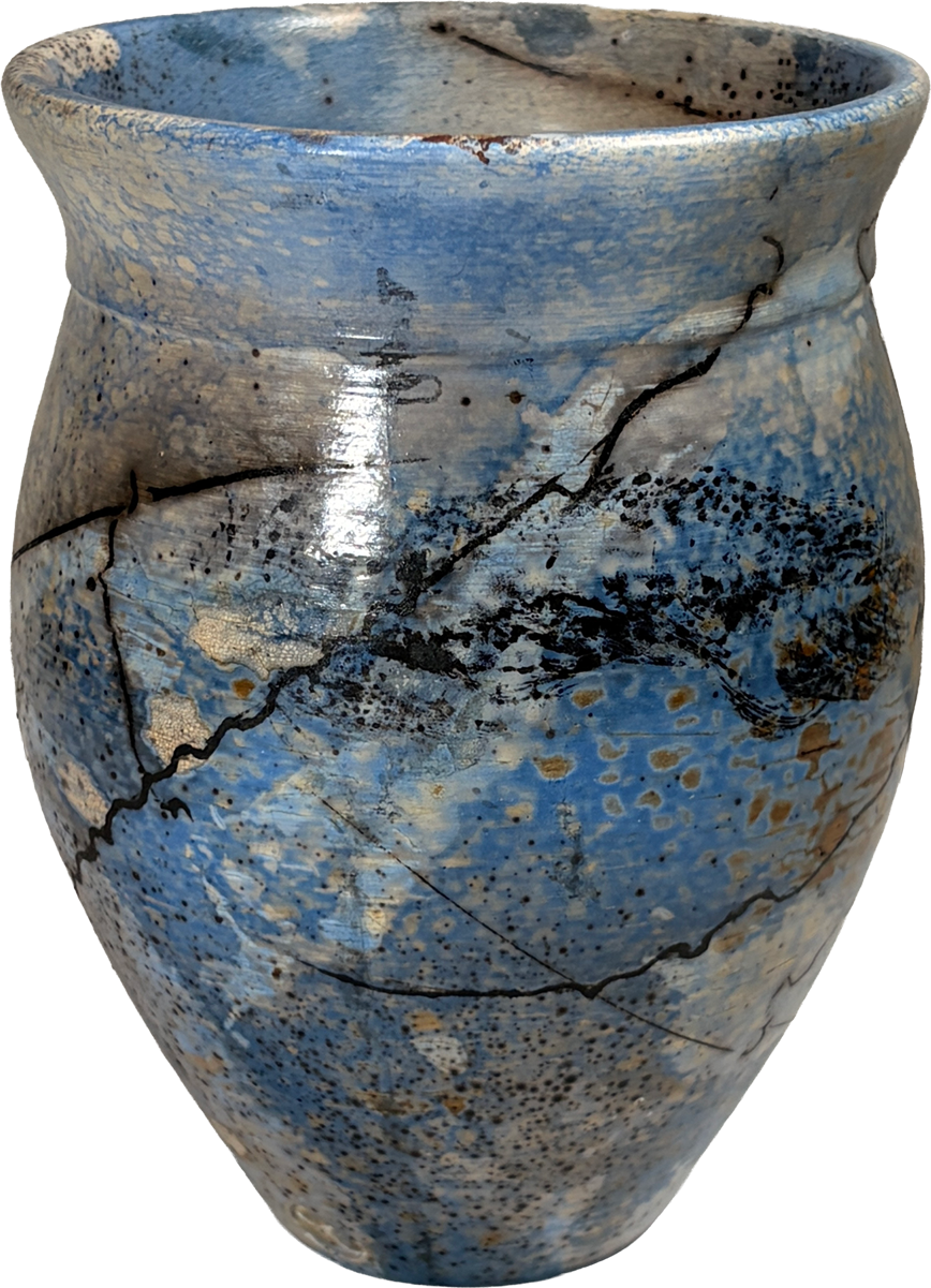 A handmade ceramic vase with a rounded body and flared rim, featuring a textured blue and silver glaze with black crackle lines and speckled brown details, isolated on a white background.