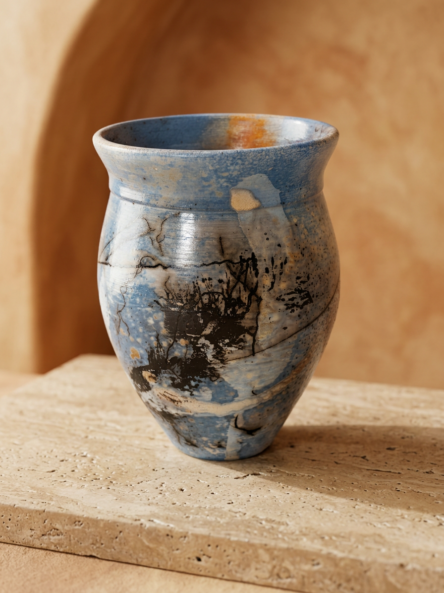 A handmade ceramic vase with a blue, black, and beige marbled pattern, displayed on a textured stone surface against a warm, earthy background.