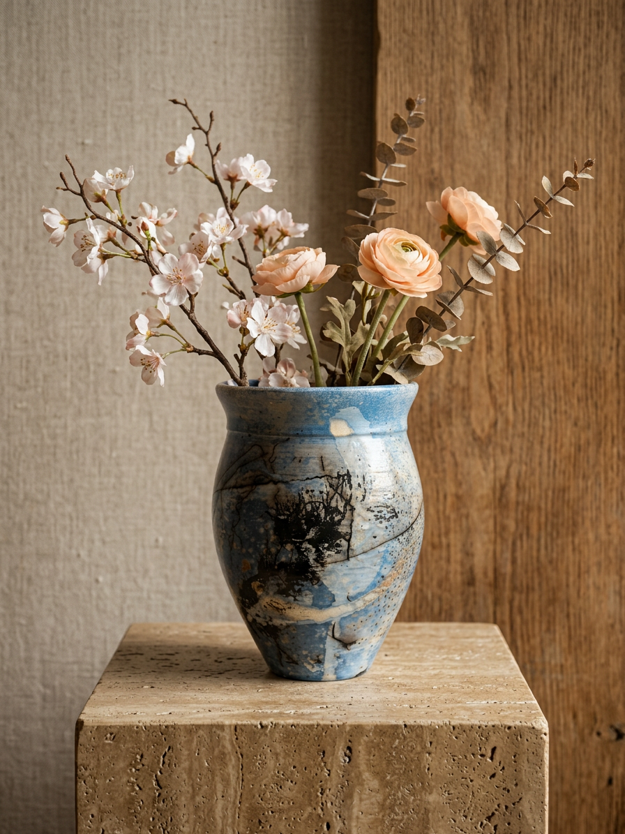 A blue and gray marbled ceramic vase filled with dried flowers and greenery, displayed on a stone pedestal against a textured beige and wood background.