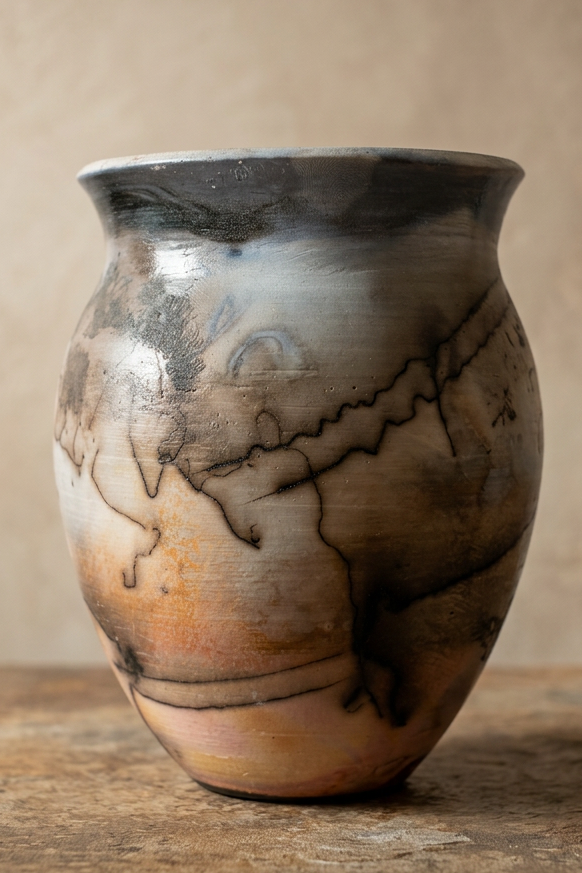 A handmade ceramic vase with a rounded body, featuring a marbled glaze in earthy tones of brown, beige, and gray, with dark hand-painted line details, set on a rustic wooden surface against a neutral beige background.