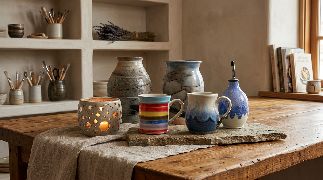 A collection of handmade ceramic tableware displayed on a rustic wooden table in a warm, styled studio setting. The set includes a blue and white marbled mug, a striped mug, a blue and white pitcher, a speckled candle holder, and a textured gray vase.