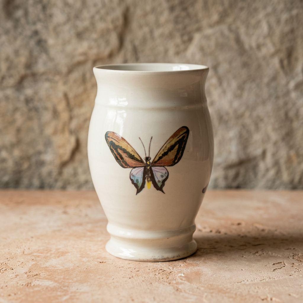 A cream-colored ceramic vase featuring a painted butterfly design on the front, set against a rustic stone wall background.