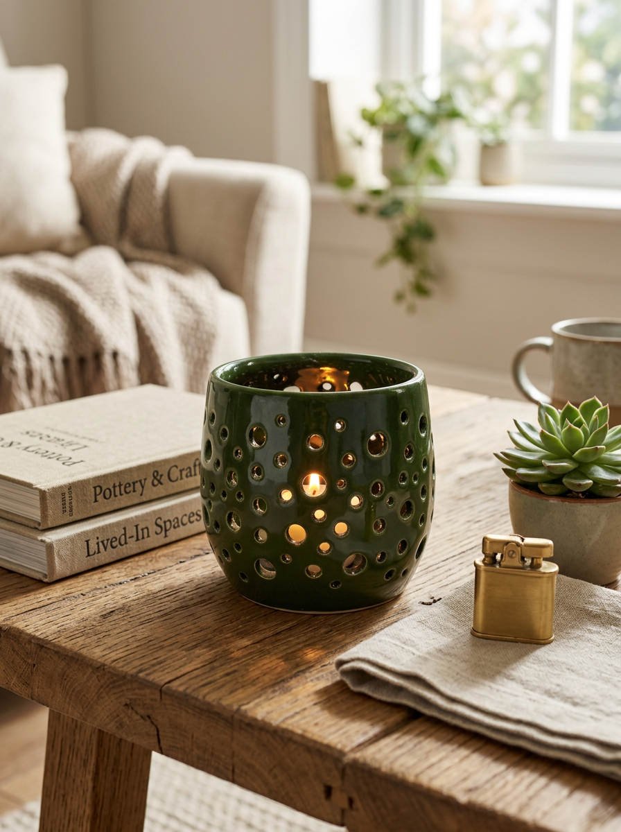A dark green ceramic candle warmer with circular cutouts sits on a rustic wooden table in a cozy living room setting, glowing with warm light from within. Books, a small succulent, and a gold lighter are arranged around it.