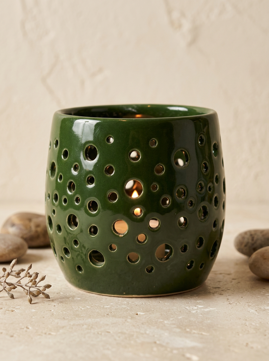 A dark green ceramic candle holder with a perforated dot pattern, lit from within to cast a warm glow, set against a neutral textured beige background with decorative stones.