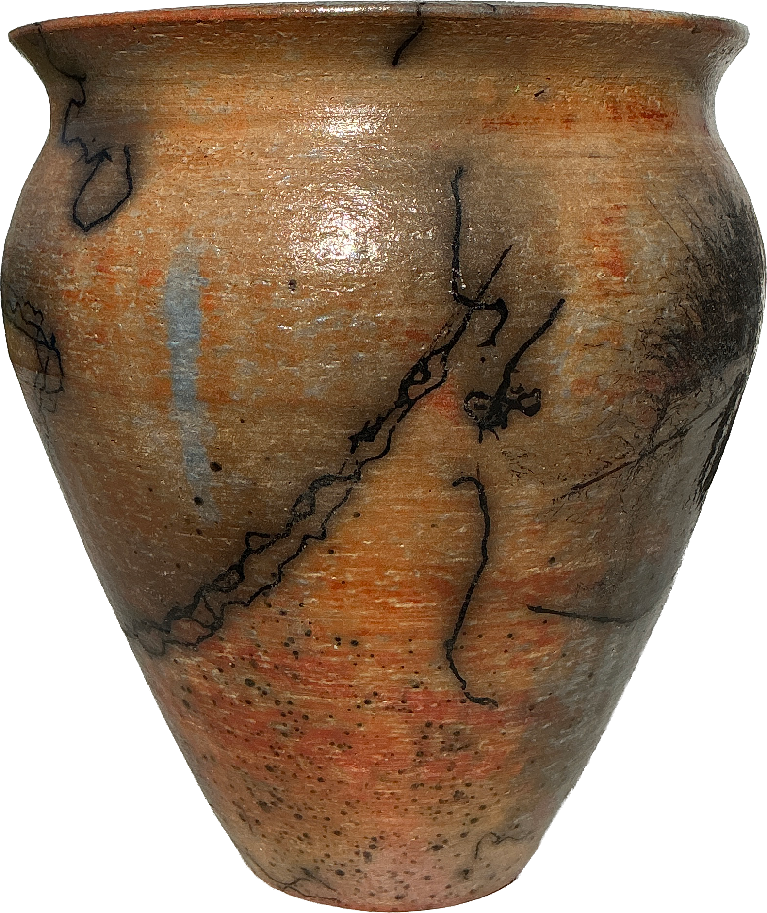 A handmade ceramic vase with a conical shape, featuring a textured glaze in earthy tones of terracotta orange, brown, and gray, accented with black organic vein-like patterns and dark speckles.