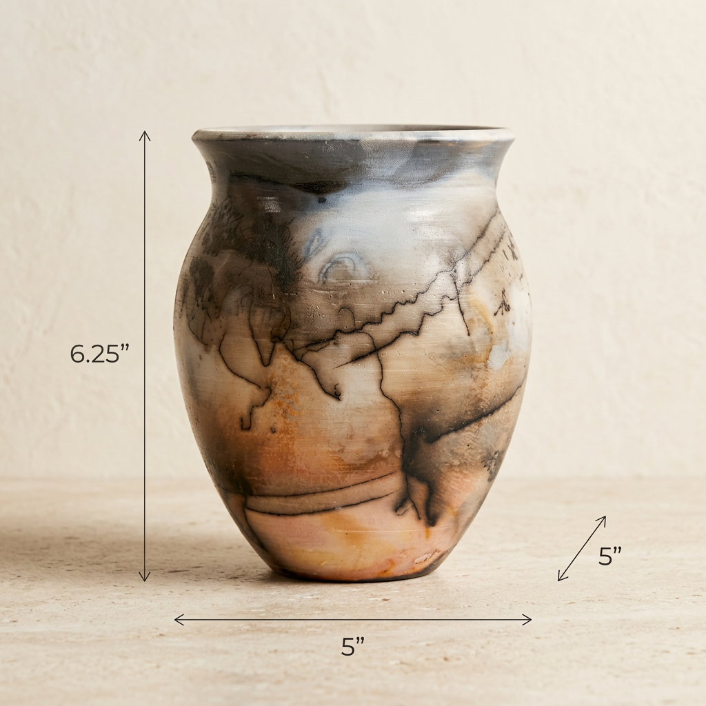 A small handcrafted ceramic vase with a rounded body, flared rim, and earthy marbled pattern in brown, beige, gray, and black. Measurement annotations show the height as 6.