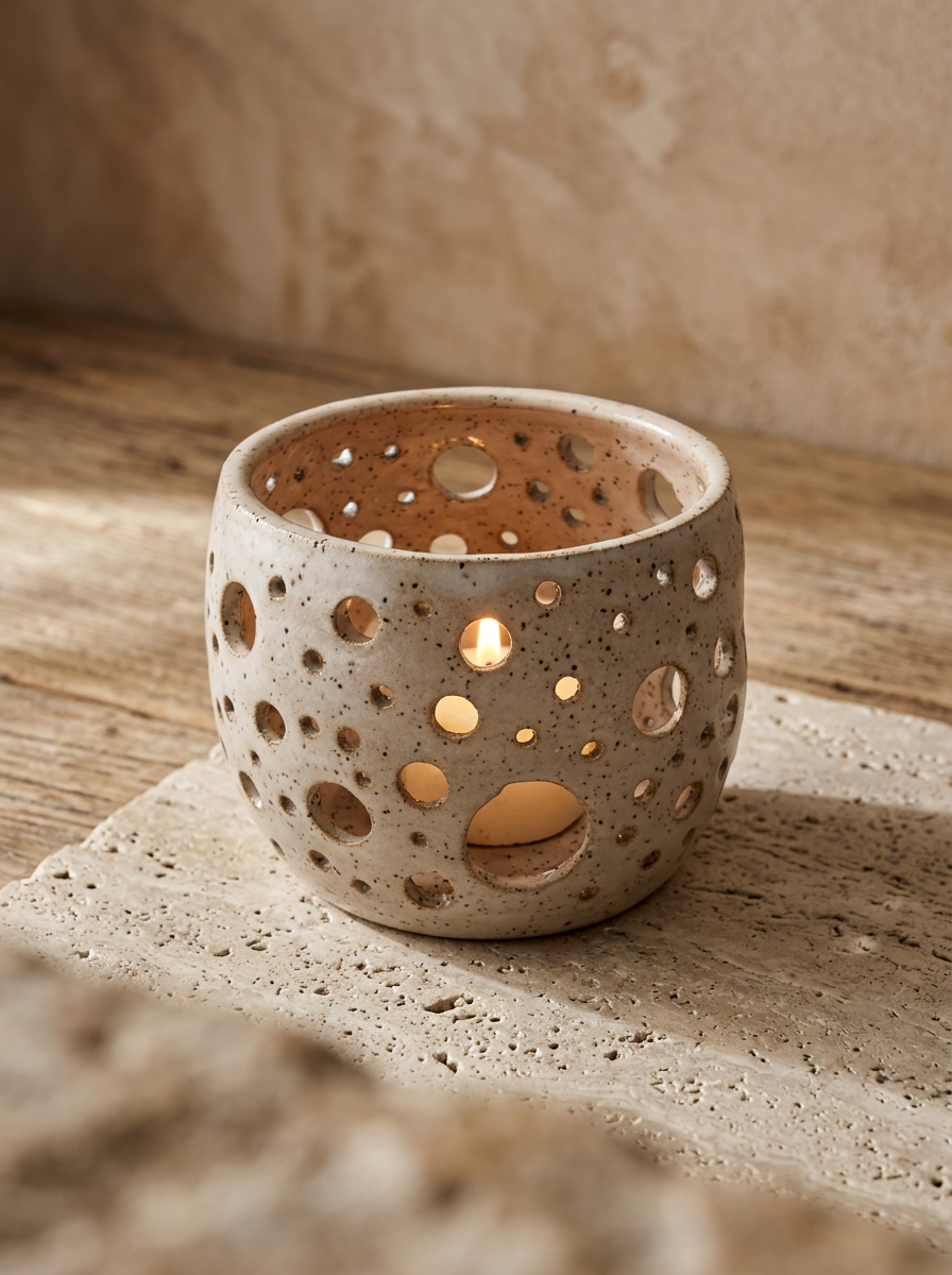 A small speckled ceramic candle holder with circular cutouts, lit with a warm candlelight glow, set on a textured stone surface against a rustic beige background.