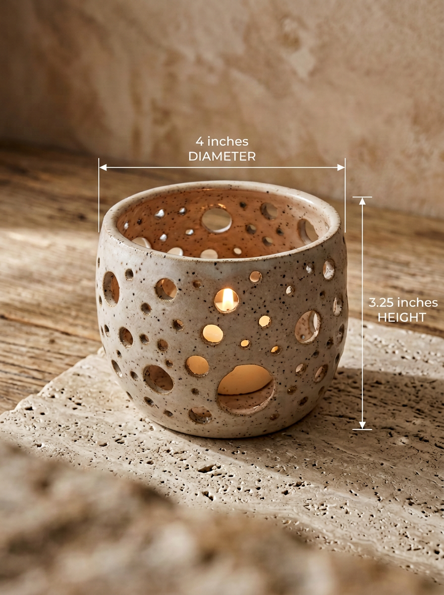 A speckled beige ceramic candle holder with laser-cut circular cutouts, shown lit with a small tea light candle inside. White dimension lines and text overlay indicate a 4-inch diameter and 3.