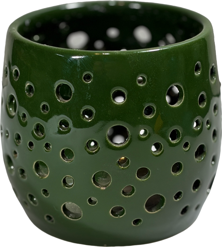 A glossy dark green ceramic candle holder with a perforated design of multiple circular holes, shown against a plain white background.