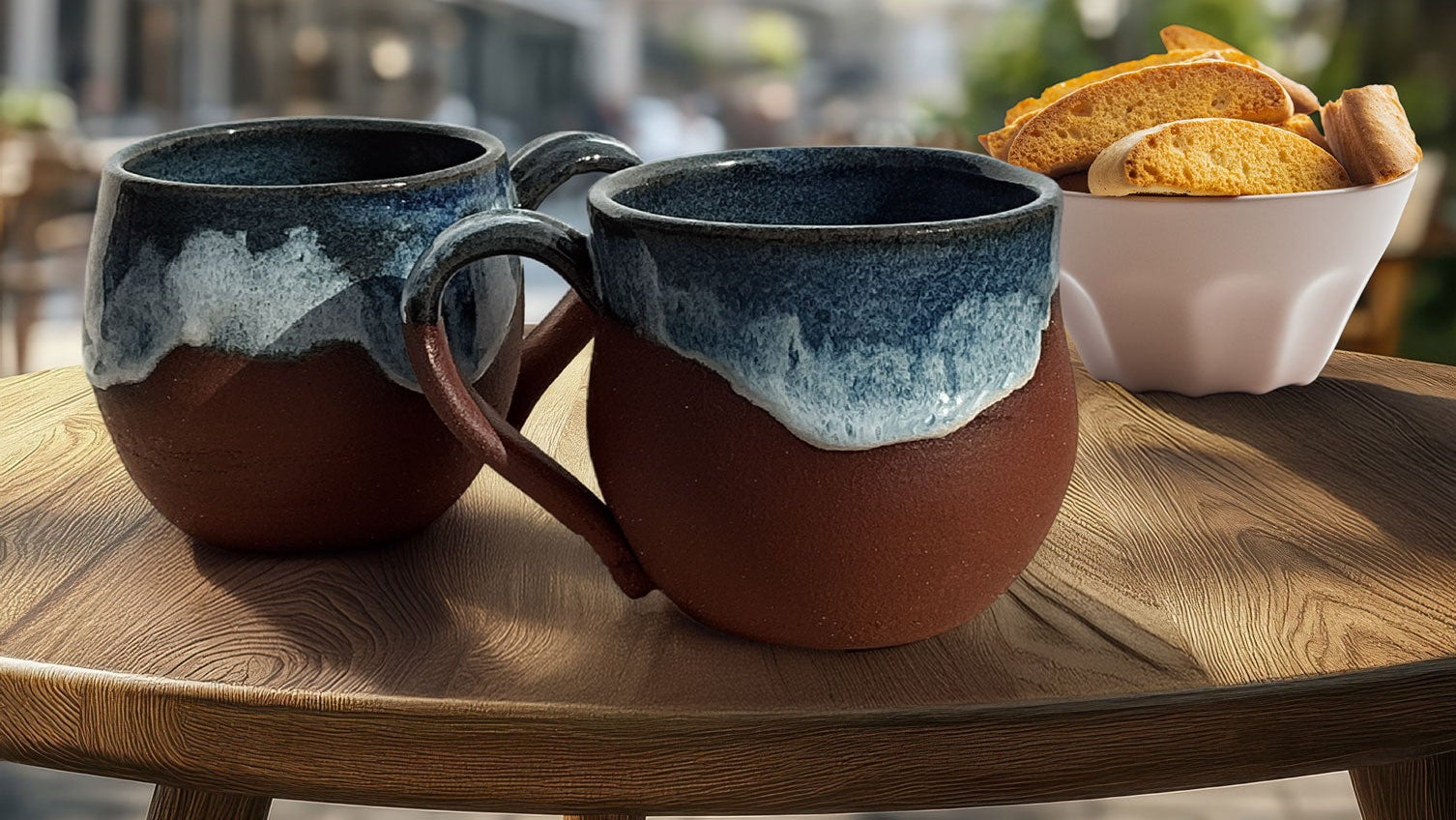 Two handmade ceramic mugs with a brown and blue glaze sit on a wooden table outdoors on a sunny day, with a blurred background of a street scene and a bowl of cookies.