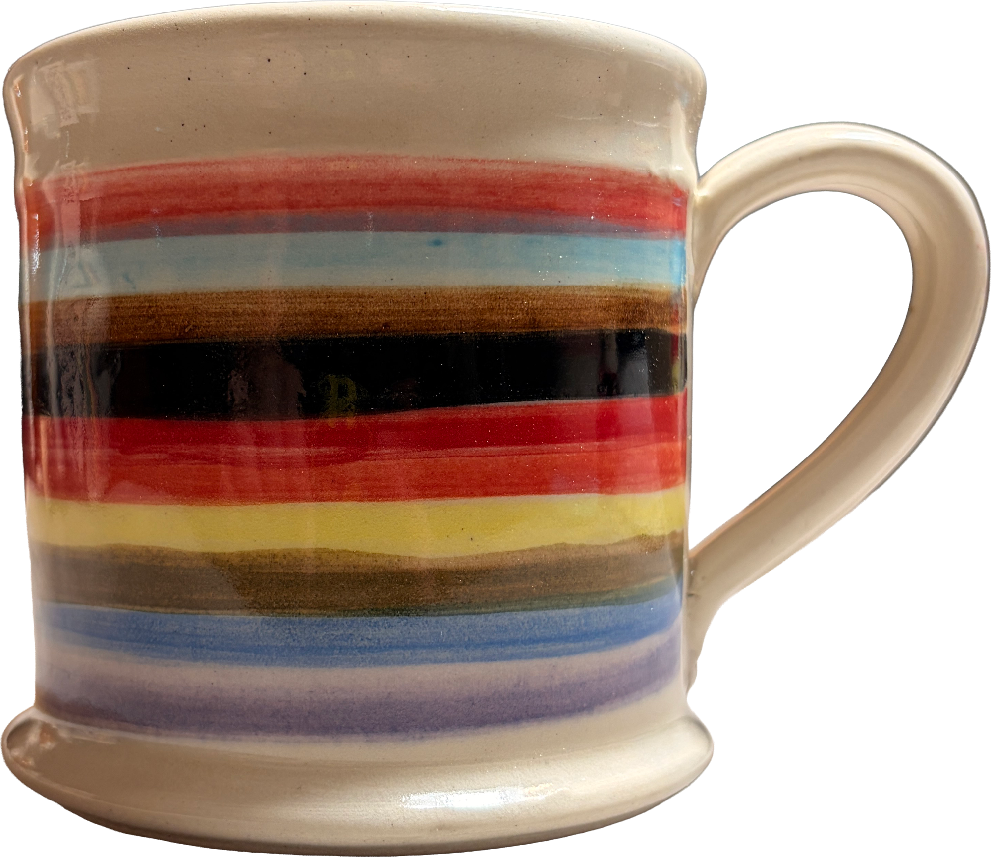 A ceramic mug with a cream-colored glaze and horizontal painted stripes in red, light blue, brown, black, yellow, and purple, shown against a plain white background.