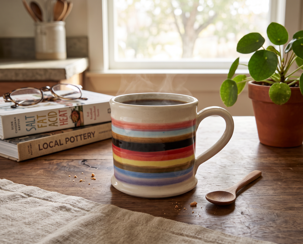 A ceramic coffee mug with colorful horizontal stripes sits on a wooden table in a cozy room setting, with a potted plant, glasses, and books nearby.
