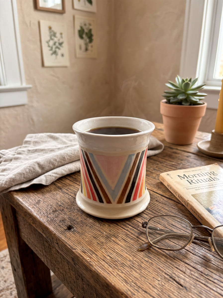 A ceramic mug with a colorful geometric pattern sits on a rustic wooden table in a cozy room setting, surrounded by a book, glasses, and a small potted succulent. LGBTQ+ shine with pride!