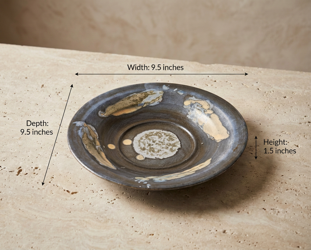 A shallow round ceramic dish or tray with a dark charcoal-gray glaze and irregular beige and cream patches, shown on a stone surface with overlaid dimension arrows and text reading Width: 9.5 inches, Depth: 9.