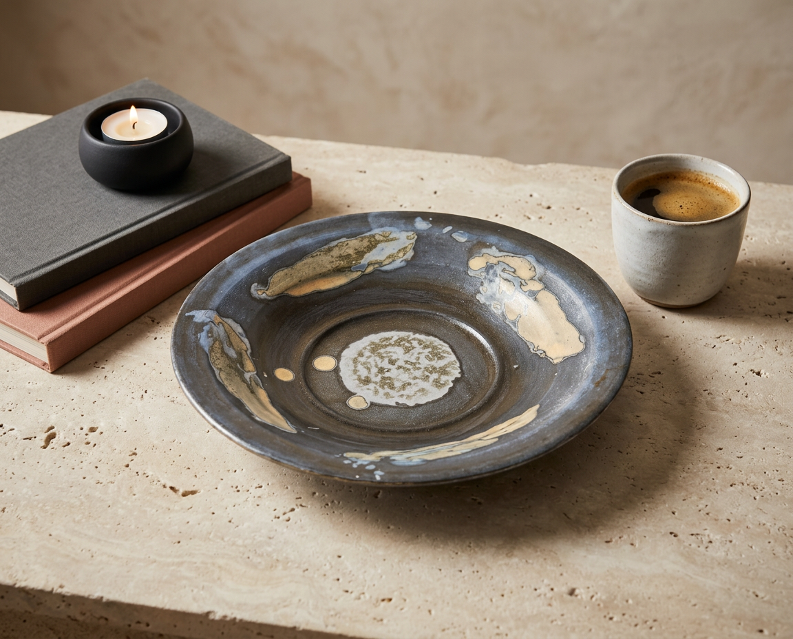A handmade ceramic serving platter with a dark gray glaze and gold leaf accents, styled on a stone surface next to a cup of coffee and books with a candle.