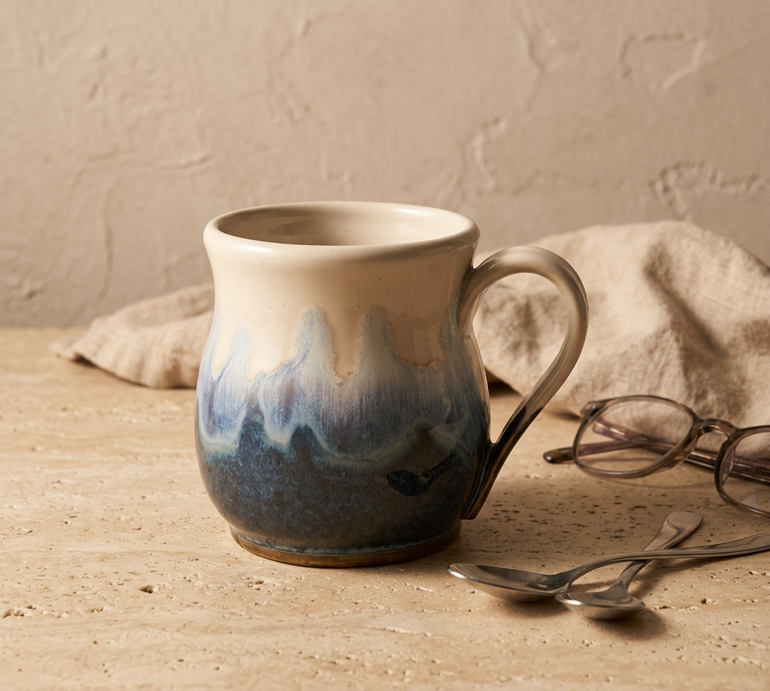 A handmade ceramic mug with a blue and white mountain-like glaze pattern, set on a textured beige stone surface with a linen cloth and glasses in the background.