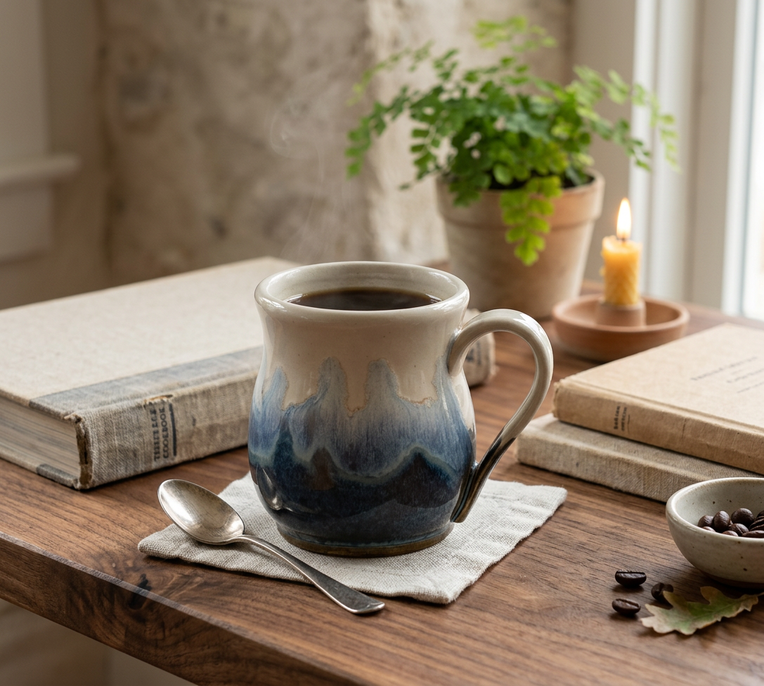 A ceramic mug filled with coffee sits on a wooden table in a cozy indoor setting, surrounded by books, a spoon, coffee beans, and a potted plant in the background.