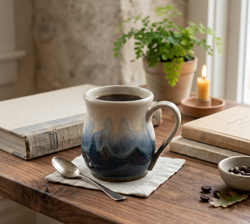 A ceramic mug filled with coffee sits on a wooden table in a cozy indoor setting, surrounded by books, a spoon, coffee beans, and a potted plant in the background.