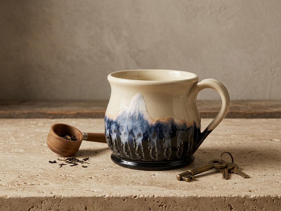 A ceramic mug with a cream-colored upper body and a dark blue, black, and brown mountain-like glaze pattern on the lower half, styled on a stone surface with a small wooden scoop, scattered tea leaves, and keys.