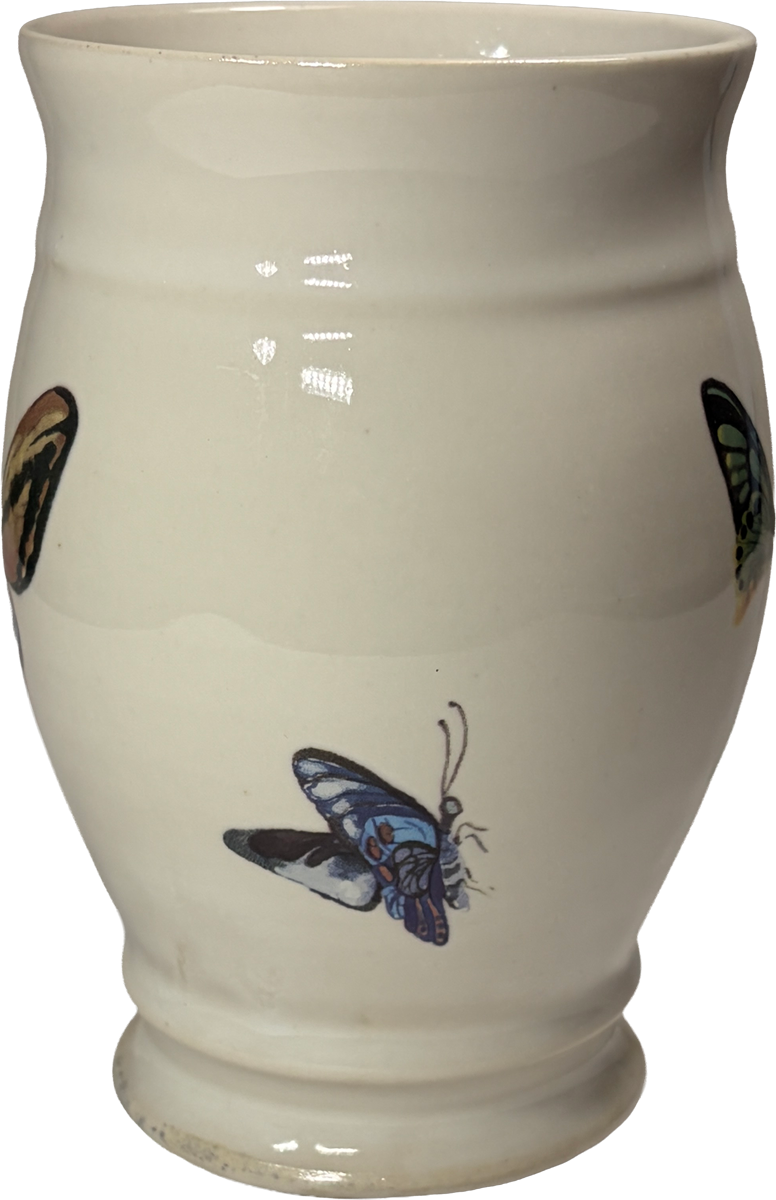 An off-white ceramic bud vase decorated with painted butterflies, shown against a plain white background.