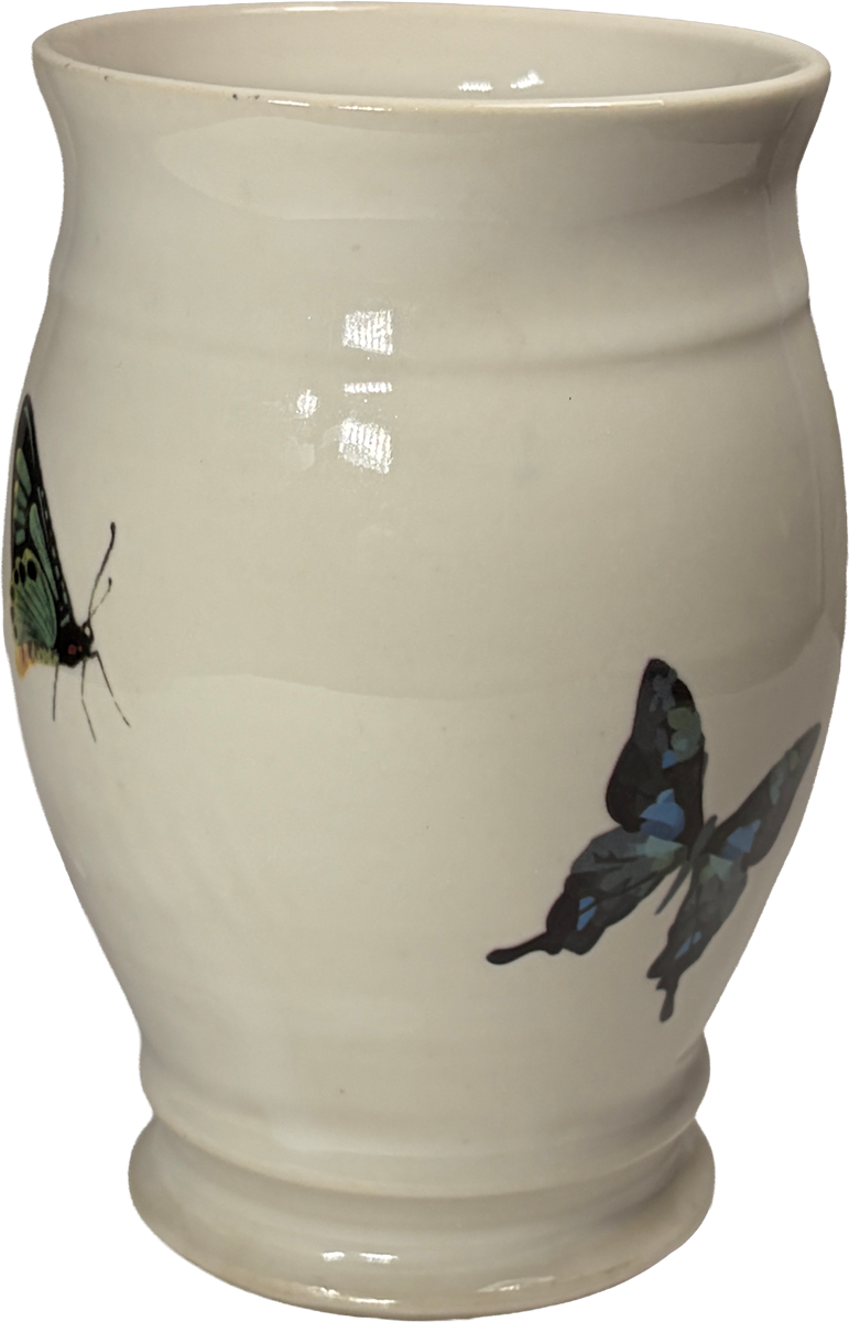An off-white ceramic vase decorated with painted butterflies, shown against a plain white background.