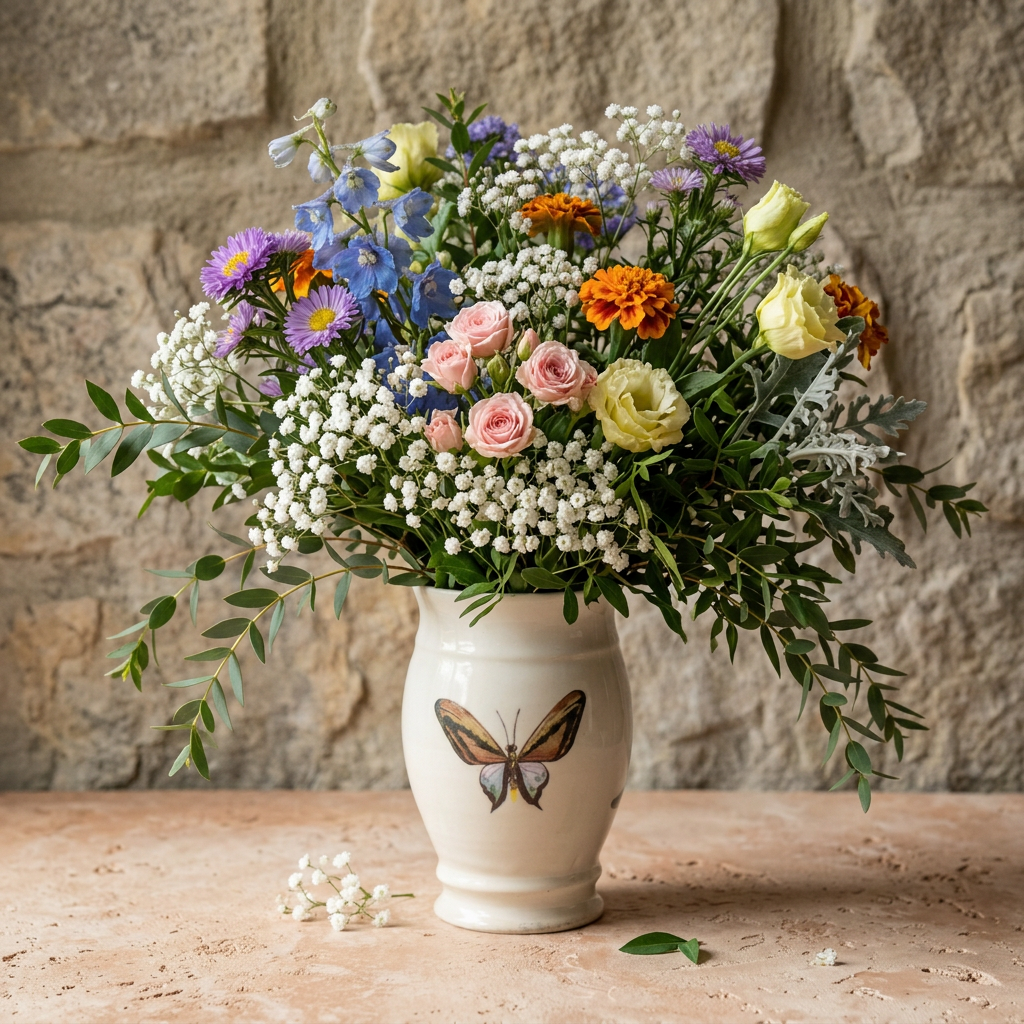 A vibrant, multicolored wildflower bouquet in a cream-colored ceramic vase with a butterfly illustration, set against a rustic stone wall background.