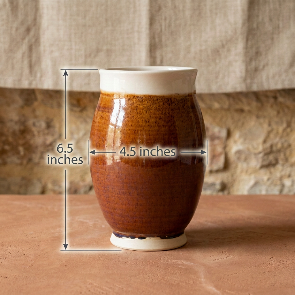 A glazed ceramic vase or planter shown on a tabletop with overlaid dimension lines and text indicating 6.5 inches tall and 4.