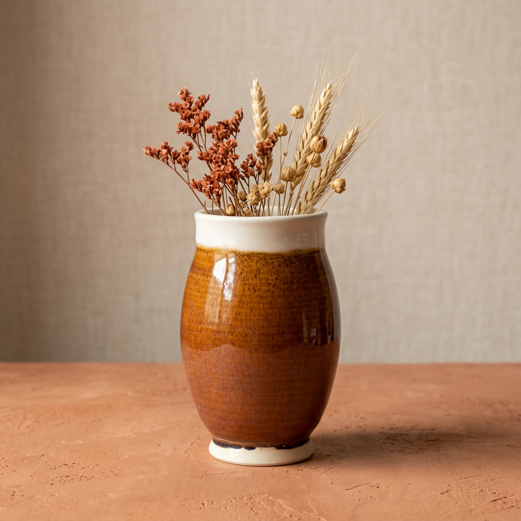 A brown glazed ceramic vase with a white rim, filled with dried wheat and small reddish-brown flowers, set on a terracotta surface against a neutral beige background.