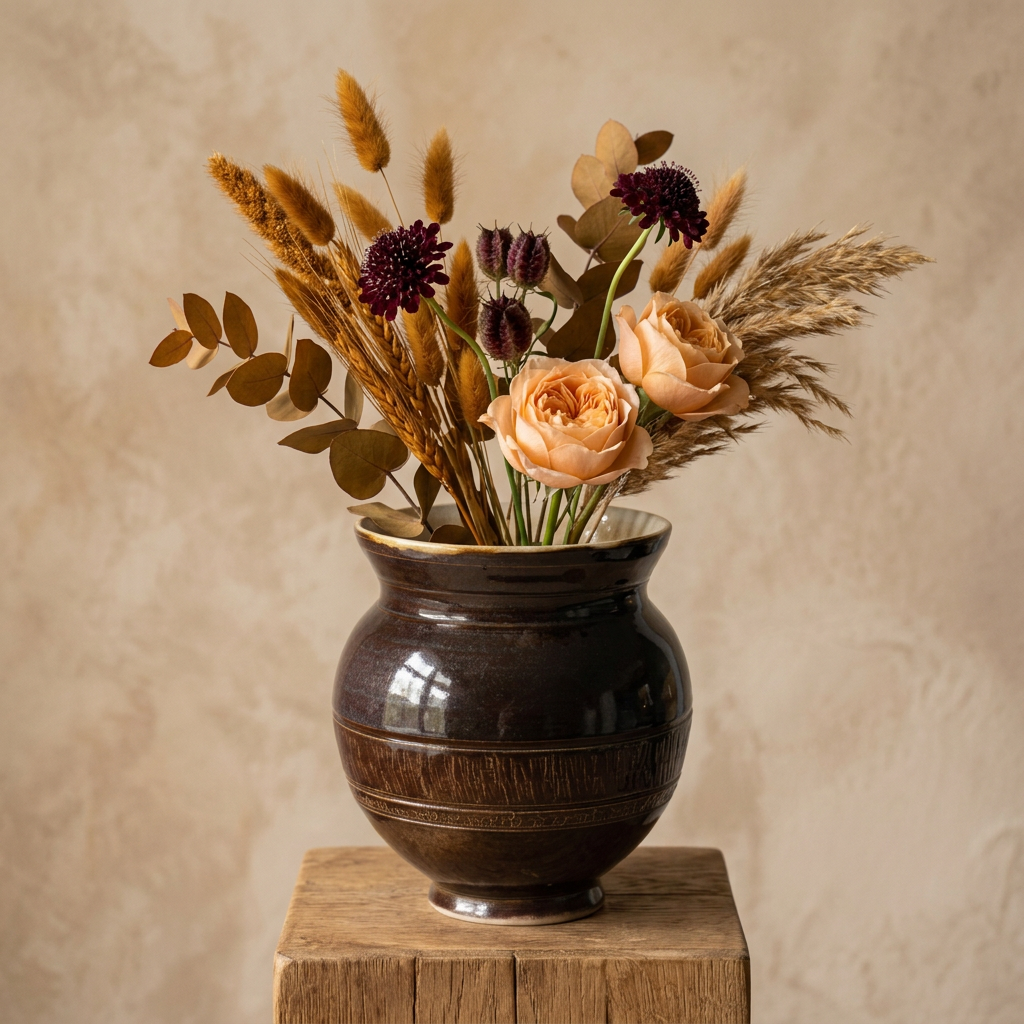 A rustic dark brown ceramic vase filled with dried flowers and grasses, displayed on a wooden block against a textured beige background.