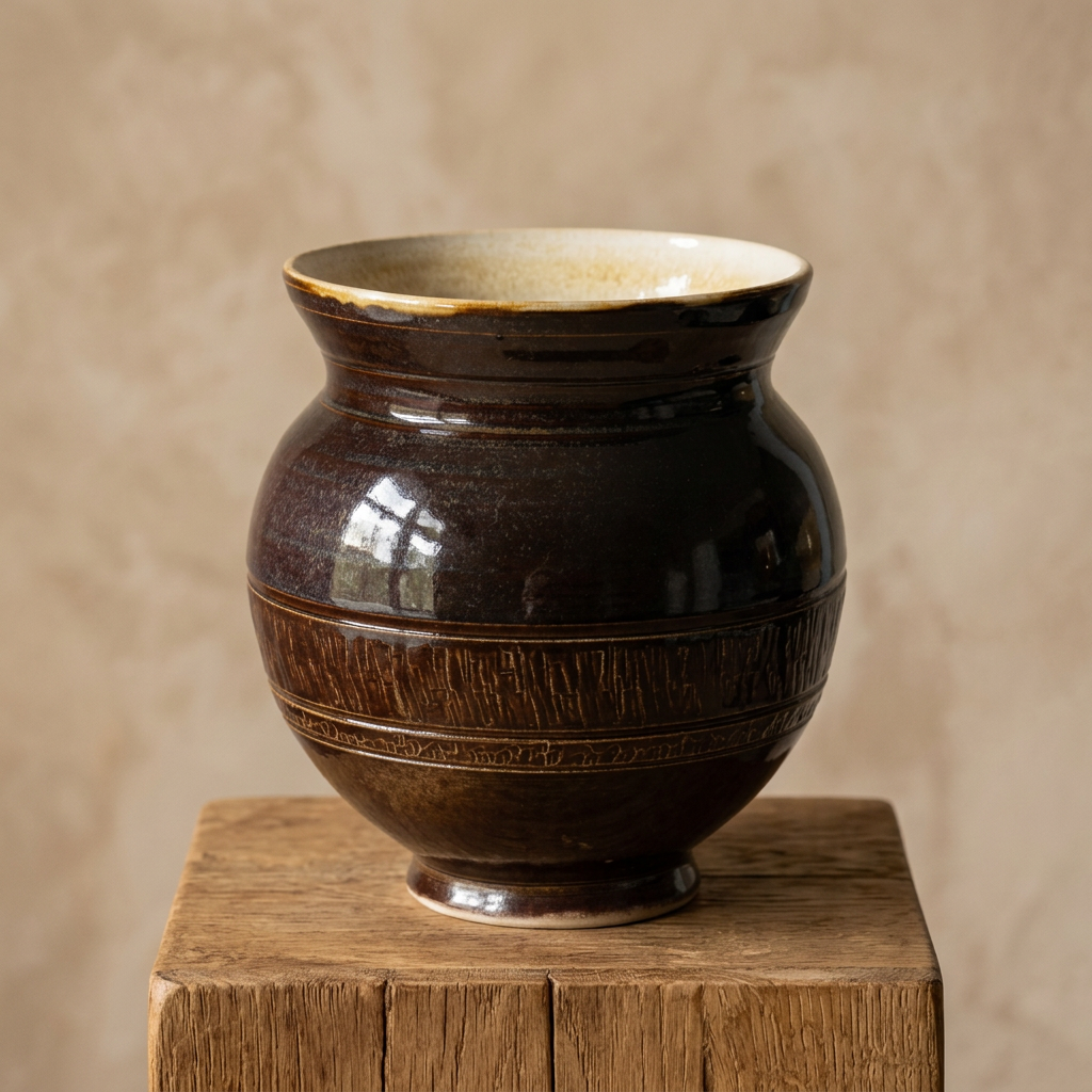 A dark brown glazed ceramic vase with a flared rim and textured band details, displayed on a rustic wooden block against a neutral beige background.