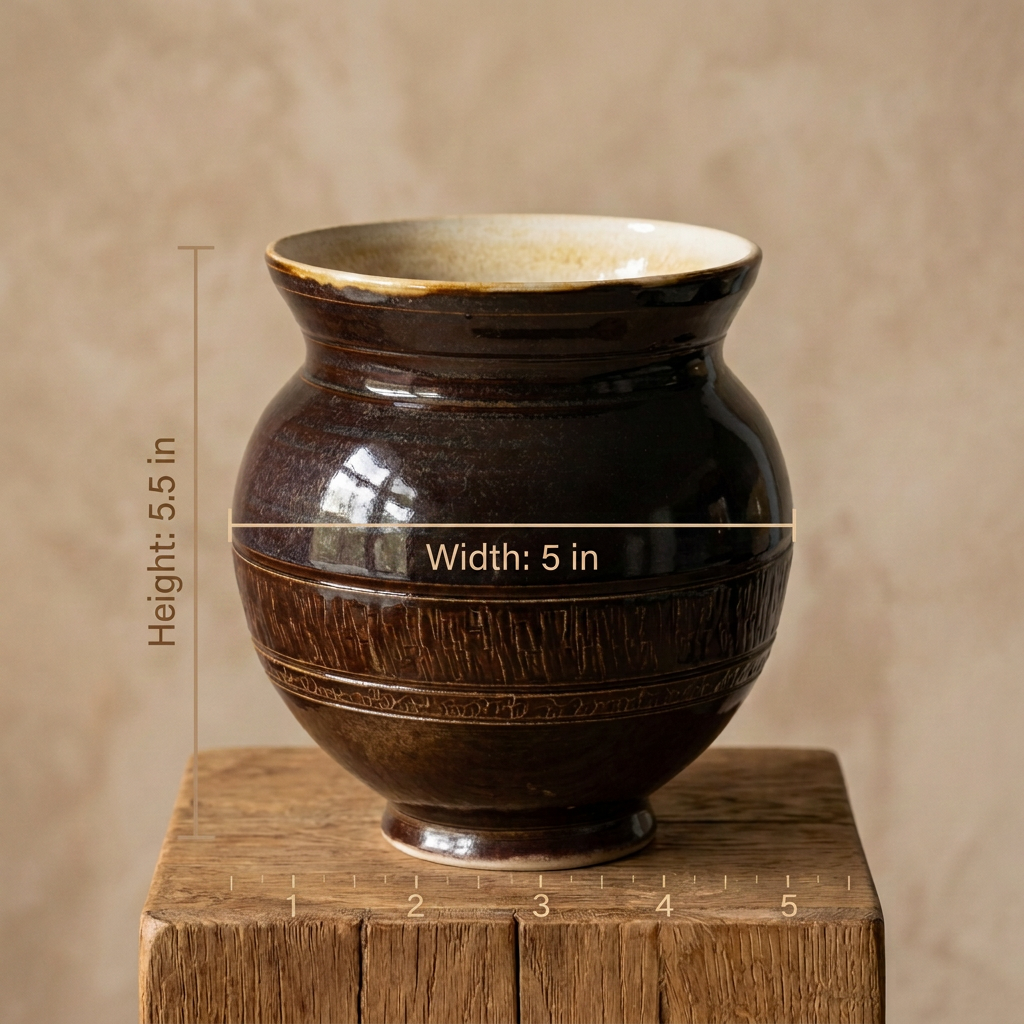 A dark brown glazed ceramic vase with a flared rim and textured band details, displayed on a wooden block with dimension overlays indicating a height of 5.5 inches and width of 5 inches.